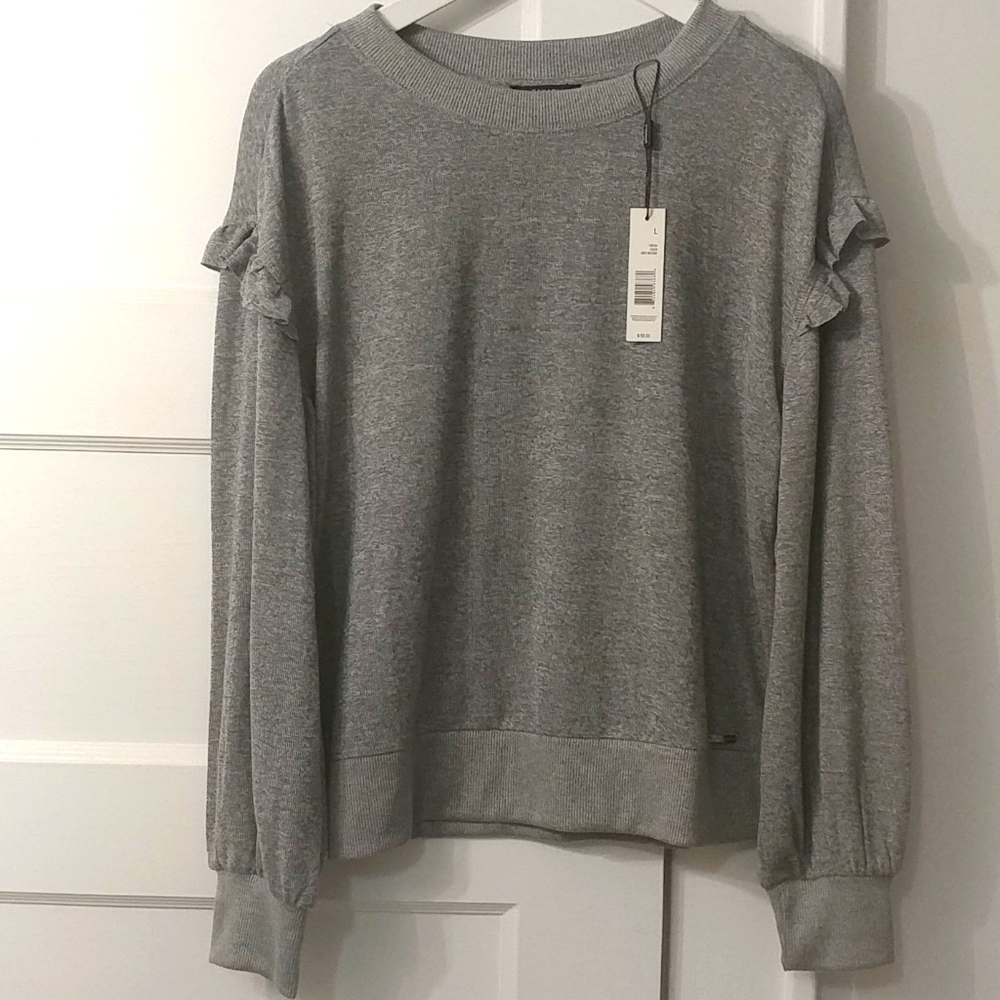 New Tahari Heather Gray Ruffled Sweater. L